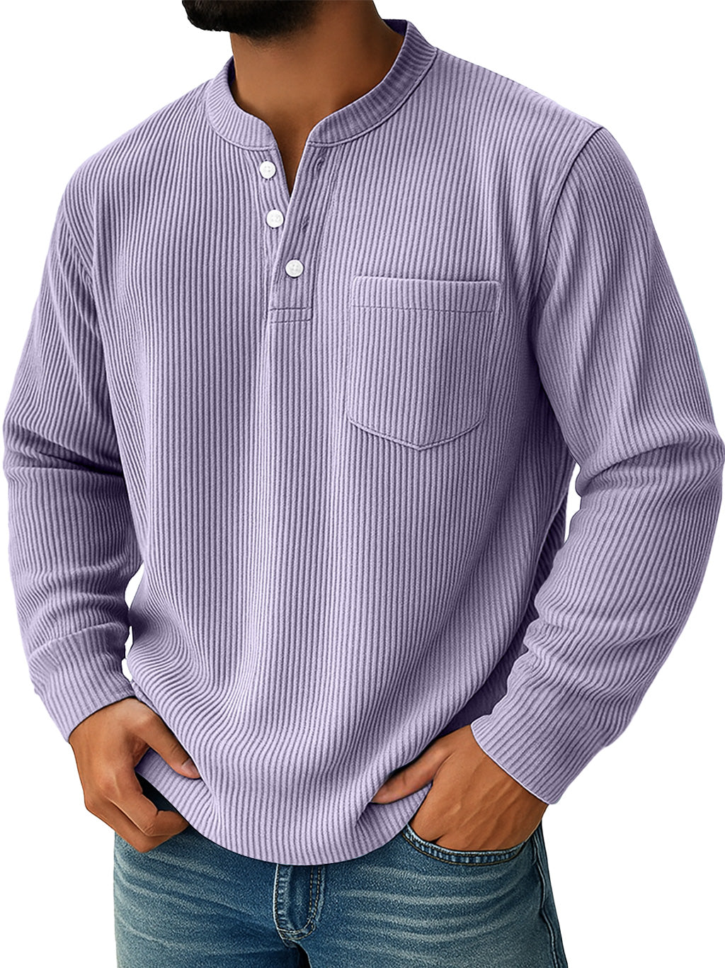 Men's Simple Everyday Ribbed Stand Collar Pocket Henley Shirt