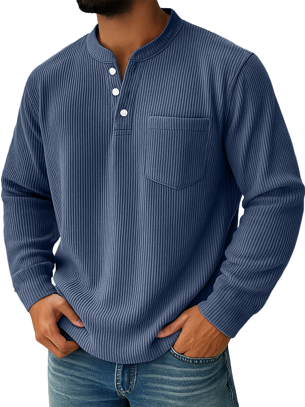 Men's Simple Everyday Ribbed Stand Collar Pocket Henley Shirt